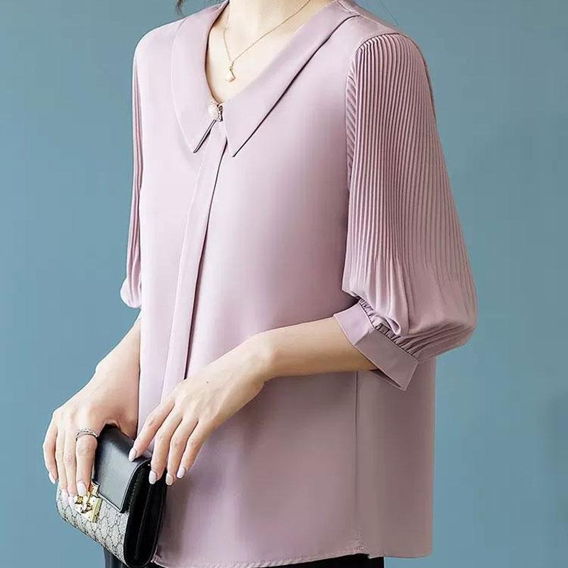 Dámská košile s polovičním rukávem do kanceláře Stylové sklady Letní Jednobarevná Límec s klopami Korejské dámské oblečení Univerzální Volná halenka