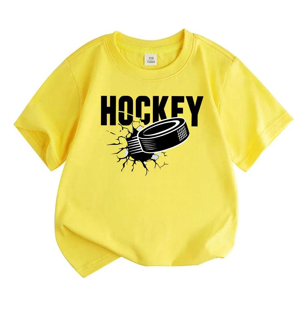 Kids Boys Girls 100% Cotton Crew Neck Short Sleeve T-Shirt, Cool Ice Breaking Hockey Puck Print Casual Soft Daily Tees for Sports Game Playing Summer