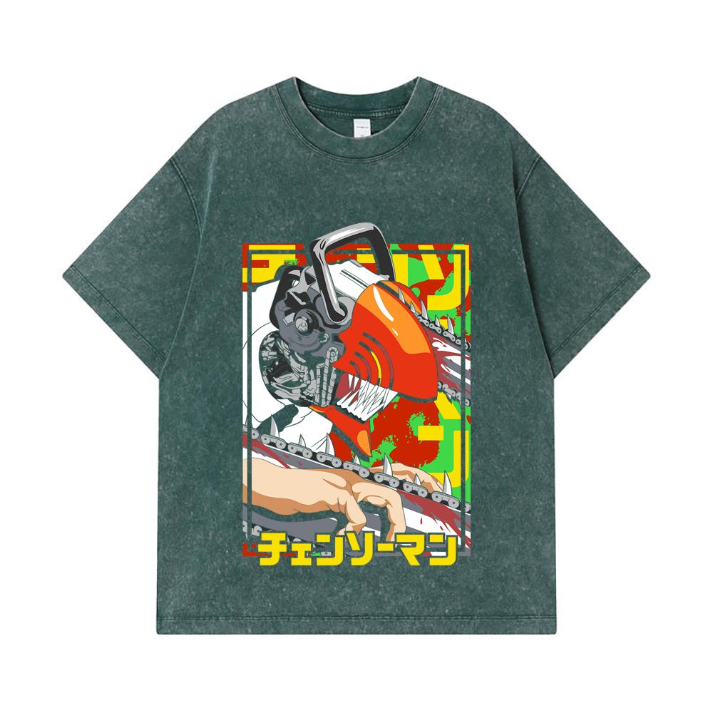 275 GSM Washed T-shirts 100% Cotton Chainsaw Man V5 Denji Print Unisex Heavy Cotton T Shirt