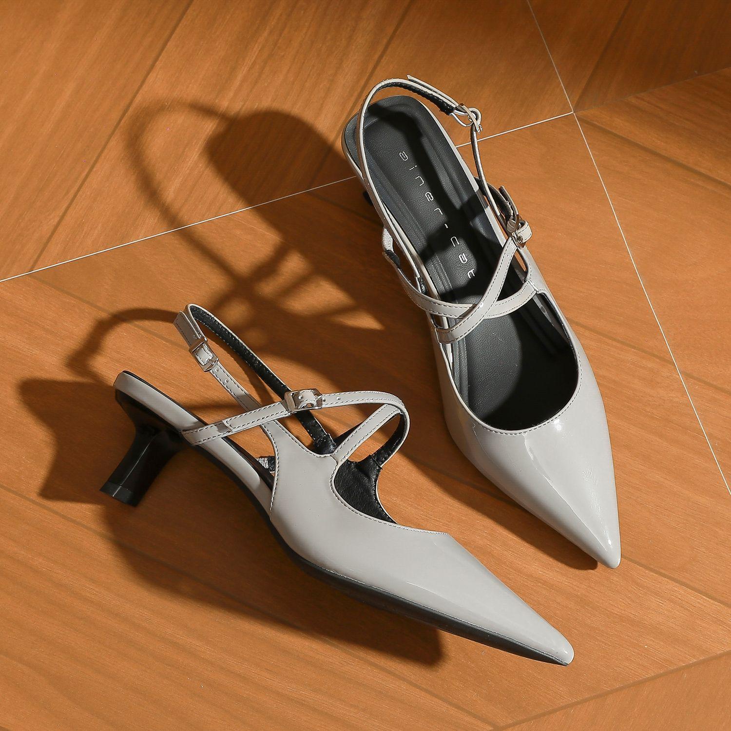 

59008 high heels women s thick heel 2025 new pointed back empty sandals light mouth patent leather one-word belt single shoes 39