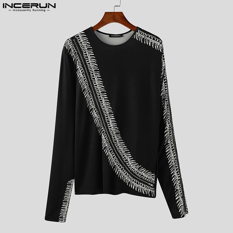 INCERUN Men Spring Long Sleeve Print Undershirts Casual Slim Zipper Hem Tops