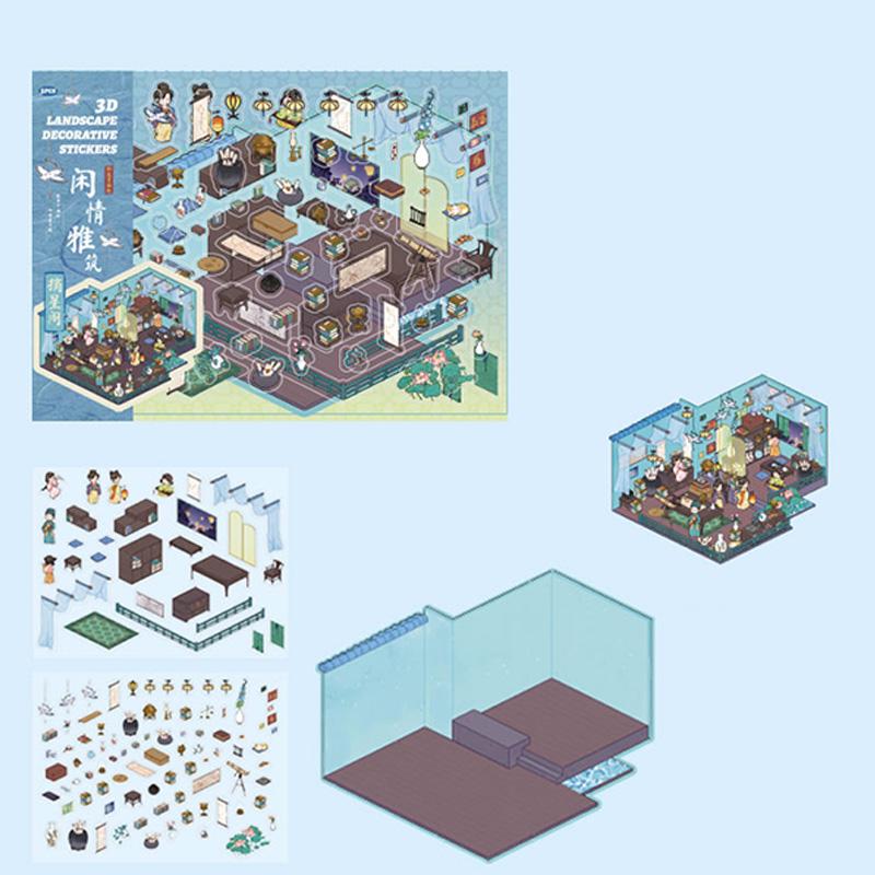 3D Landscape Sticker Chinese Style Leisure Elegant Architecture Series Vintage Scrapbook DIY Handbook Decoration For Notebook
