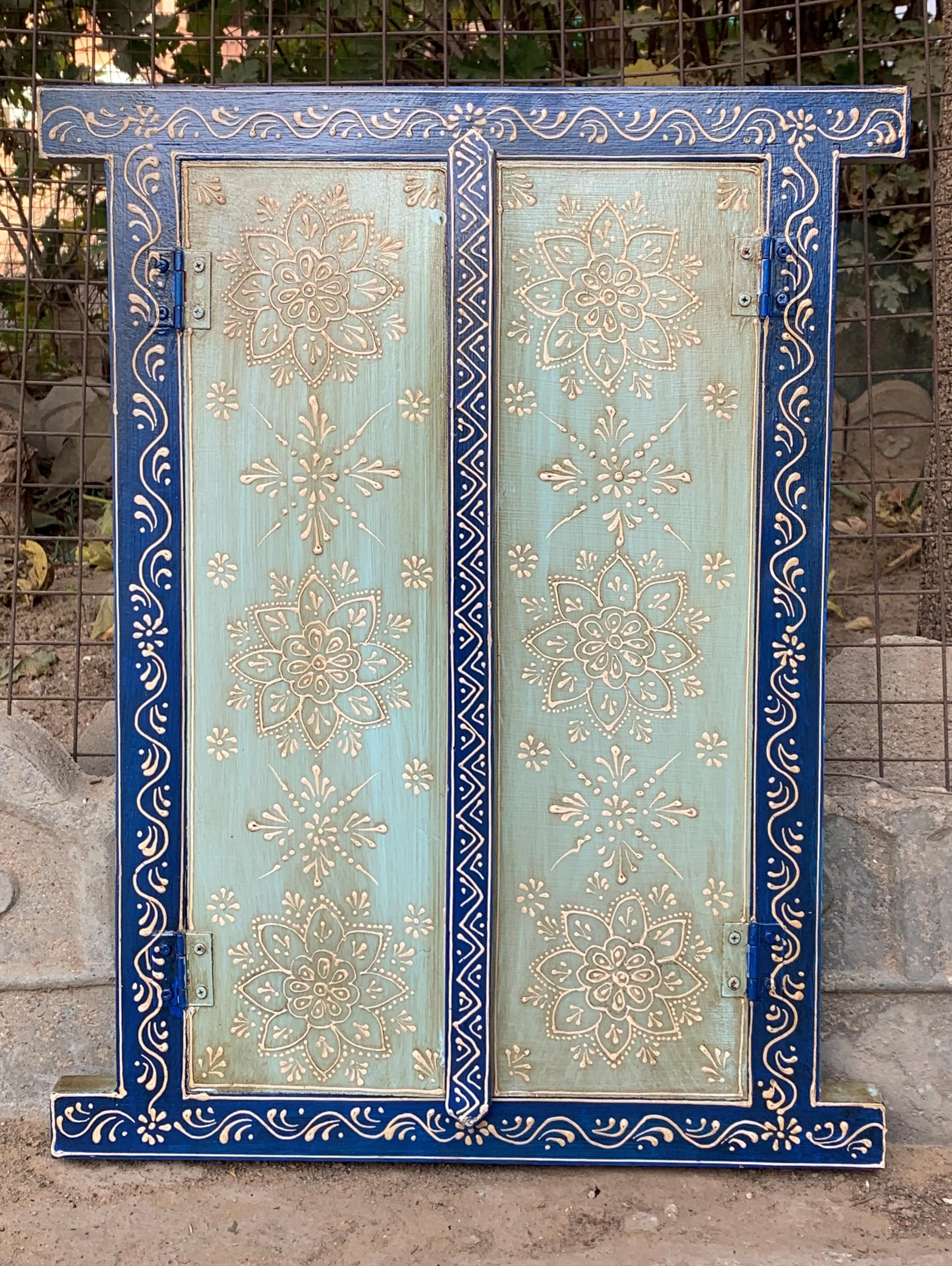 Hand Painted Wooden Window Panel Indian Jharokha Floral Blue Wall Decor 23” X 18” X 1” (h x l x w) approx.