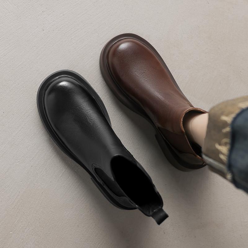 Fashion 2024 New Genuine Leather Winter Women Boots Brogues Platform Motorcycle Boots Ankle Boots Retro Cowhide Slip-on Ladies Shoes