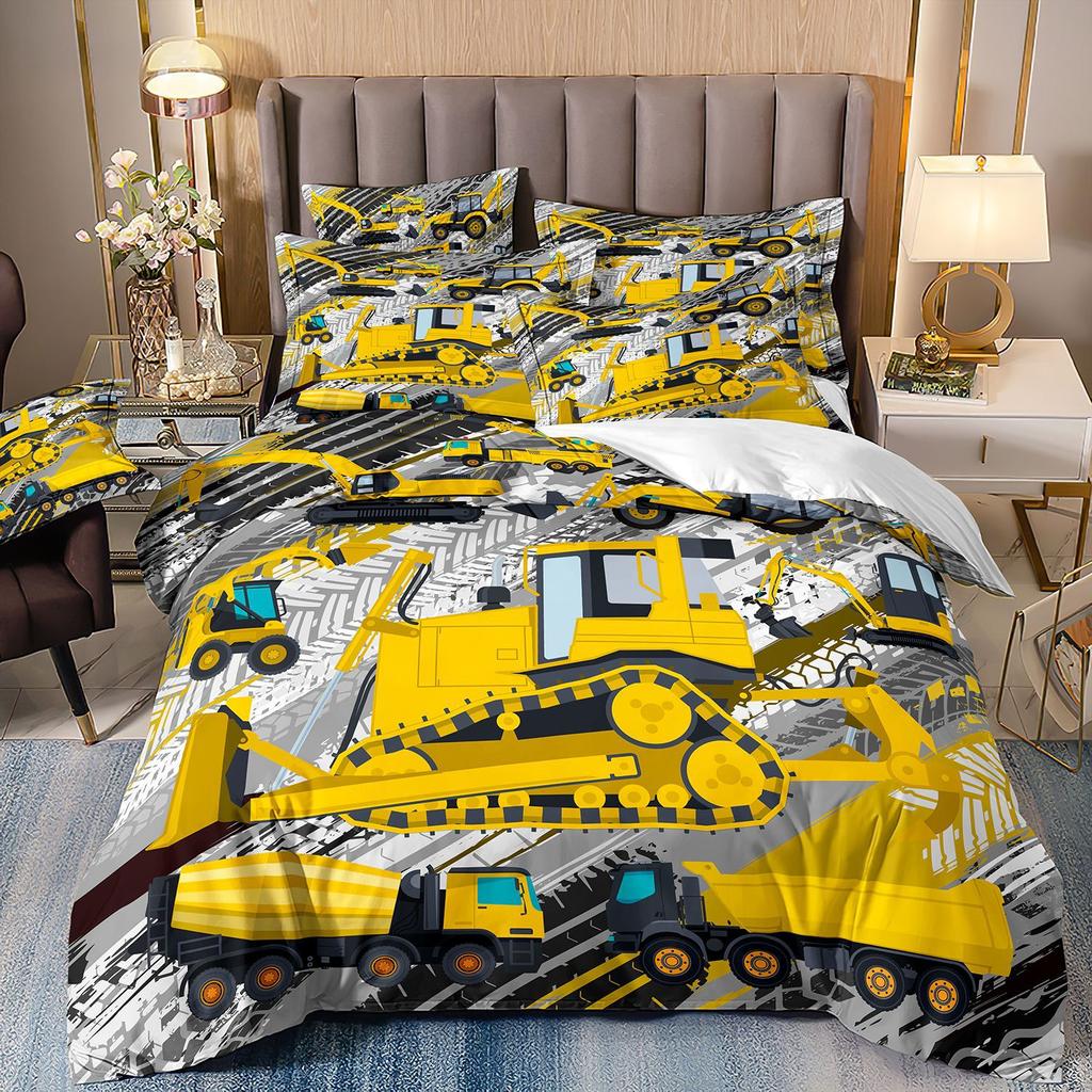 Construction Vehicle Excavator Truck Fire Truck 3D Digital Printing Bed Three-Piece Quilt Kit