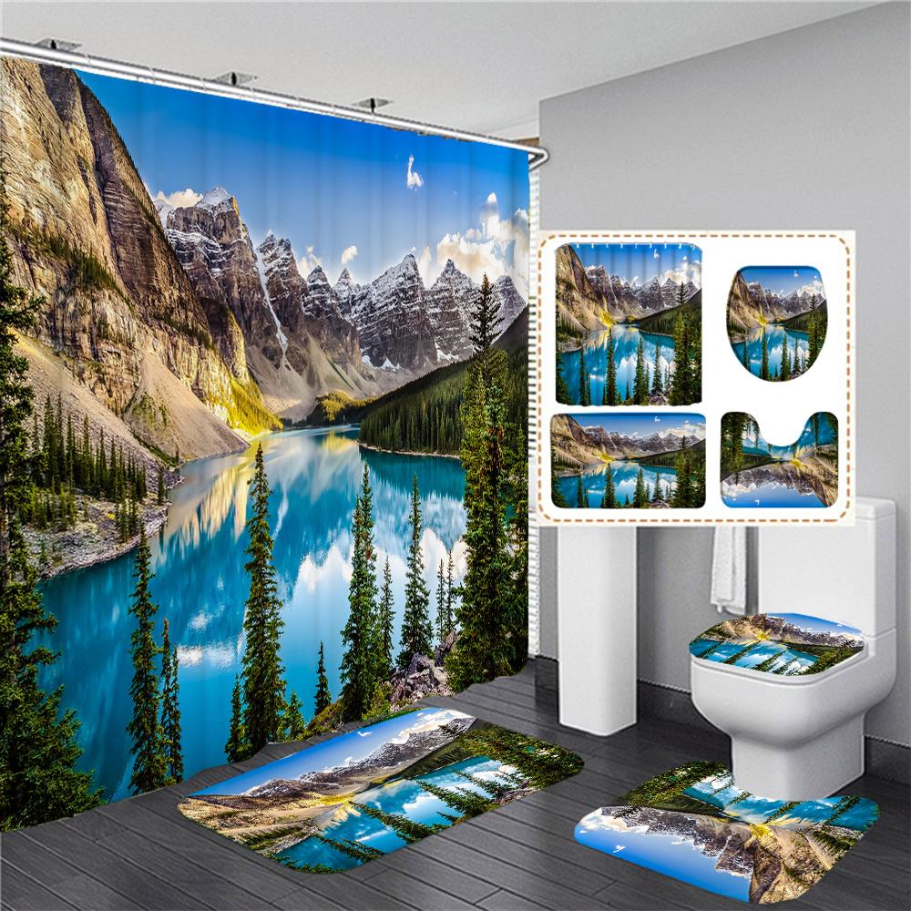 3D Natural Forest Landscape Printed Waterproof Fabric Bathroom Curtain Shower Curtains Set Anti-Skid Rugs Toilet Cover Bath Mat