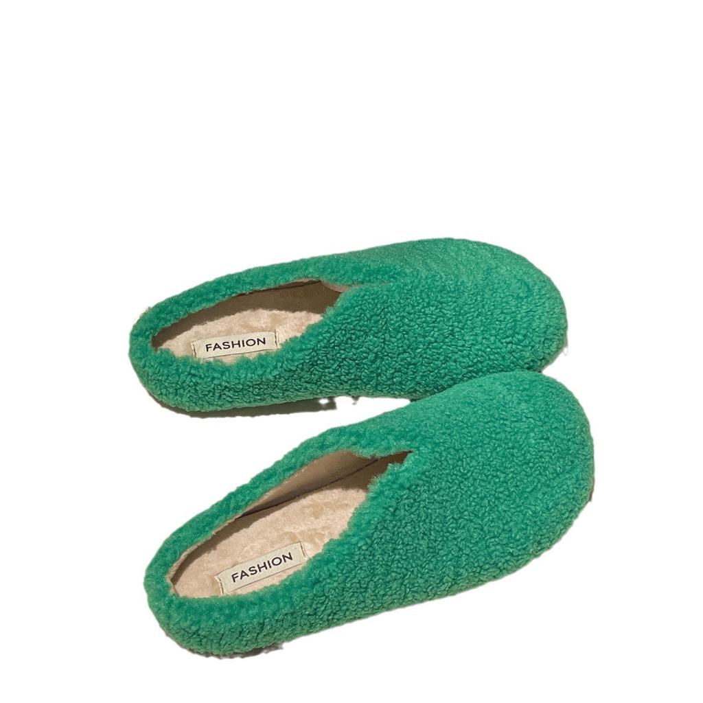 Autumn and Winter Simple Lazy Bag Head Wool Shoes Lamb Wool Lazy Half Drag Warm Outer Flat Slippers