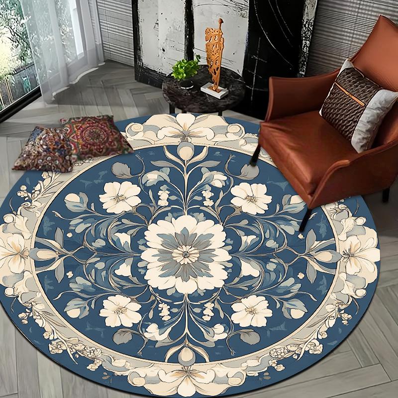 Blue and white checkered Flannel-printed round floor mats are slip-resistant Suitable for living bedroom terrace garden carpets