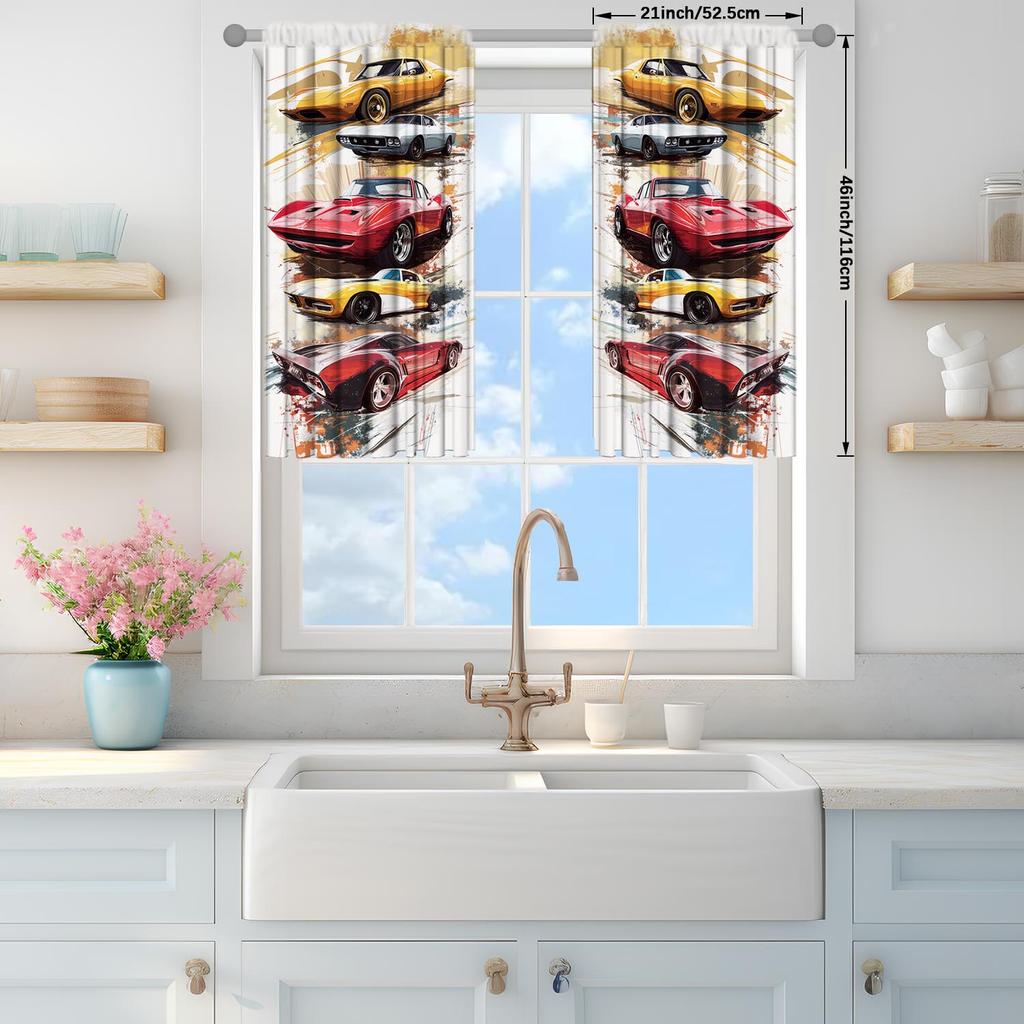 2-Panels Vintage Sports Car Illustration Printed Curtains   Shade and Privacy Protection   Suitable for Decorating Various Rooms