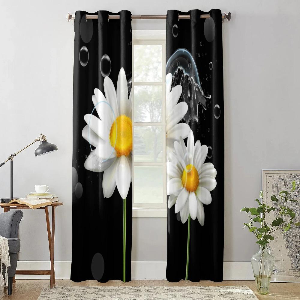 Bedroom Kitchen Curtain White Daisy Flower Waterdrops Window Black Curtains Curtains for Living Room Decorative Items Cortinas