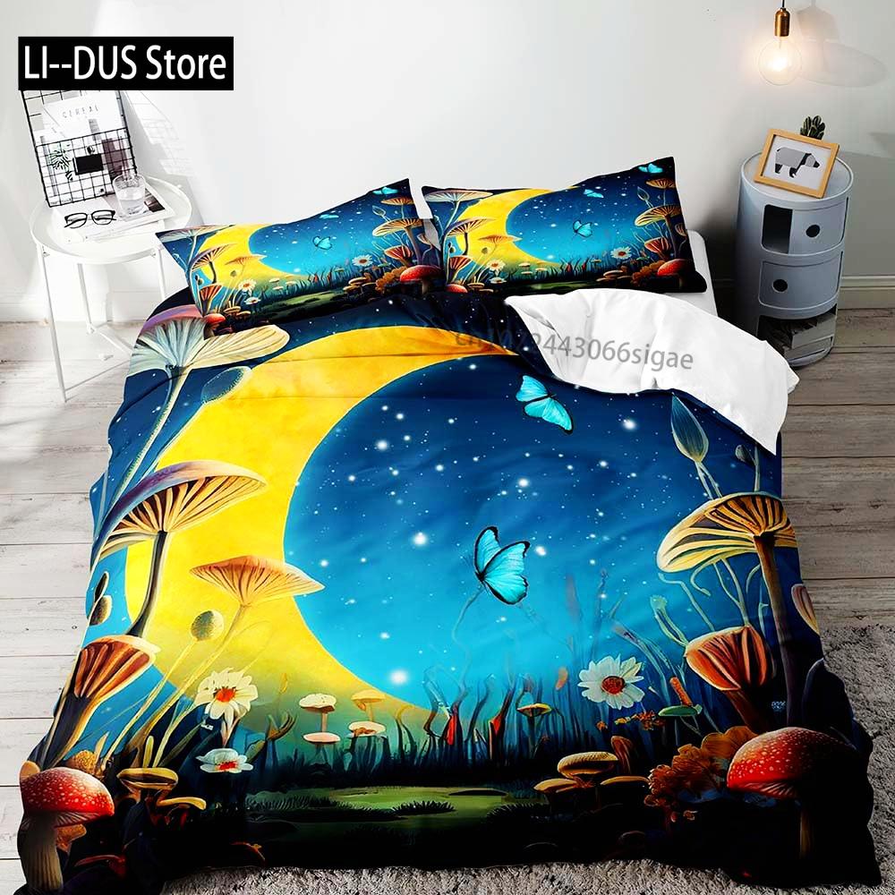 

White Mushroom Bedding Set, Duvet Cover Full Size, Green Plant Botanical Comforter Quilt Cover, 2 Pillow Shams for Women Girls EU single(135x200cm)