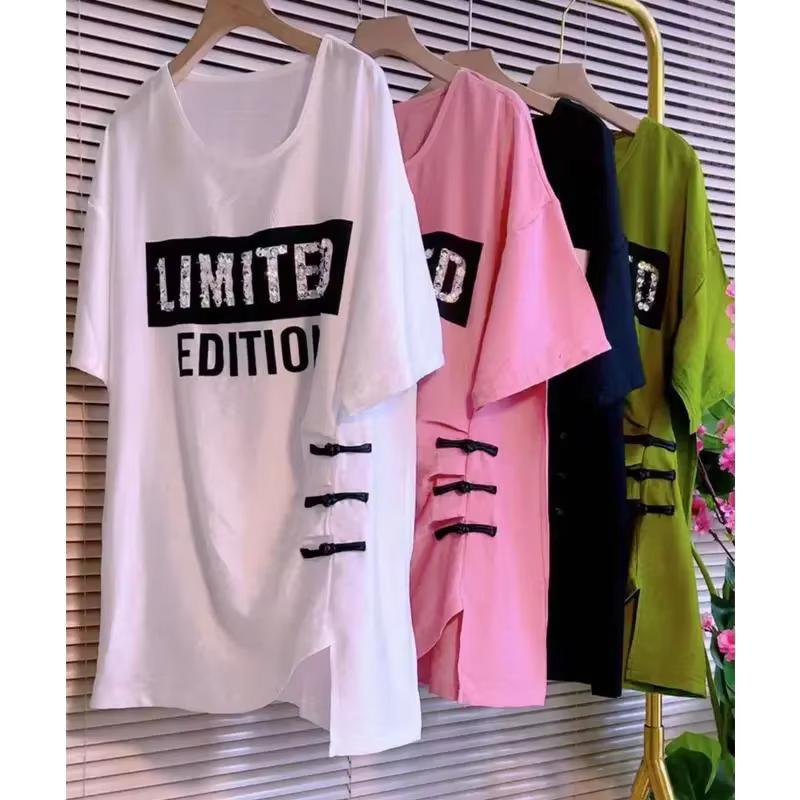 

Women s Summer Loose-Fit Chinese-Style Button-Front Short-Sleeve Base Layer Top Round Neck Pullover Mid-Length T-Shirt XS