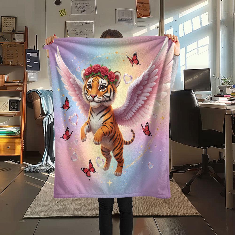 1Pc Angel Animals Print Flannel Blanket, High quality Comfortable for All Seasons, Home Decor, Warmth and Comfort, Perfect for Christmas Gifts