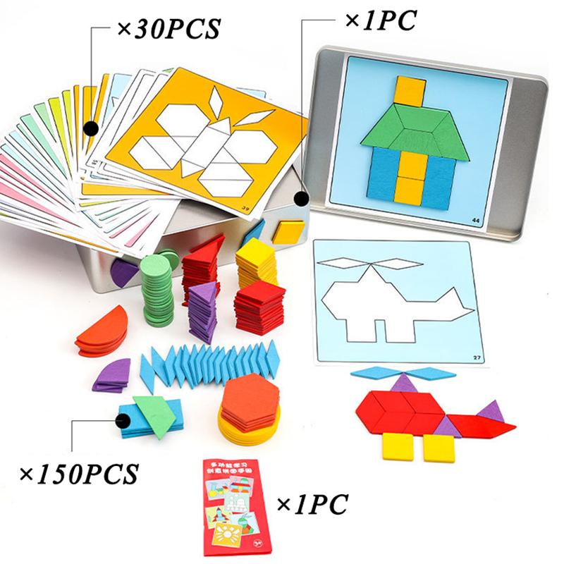 Puzzle Kids Toy Iron Boxed Wooden 150PCS Magnetic Tangram Graphic Card Matching Multi-Function Play Educational Toy Set