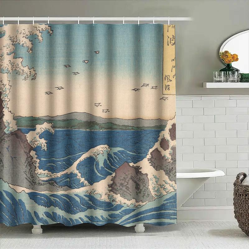 Ocean Wave Shower Curtain – Japanese Art Print Decor For Bathrooms Soft Fabric Material Waterproof Bathroom Accessories Blue Wat
