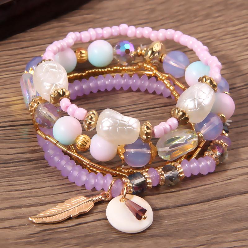 Famous Style Shell Leaf Pendant Mixed and Matched Beads Multi-layer Temperament Women's Bracelet Set