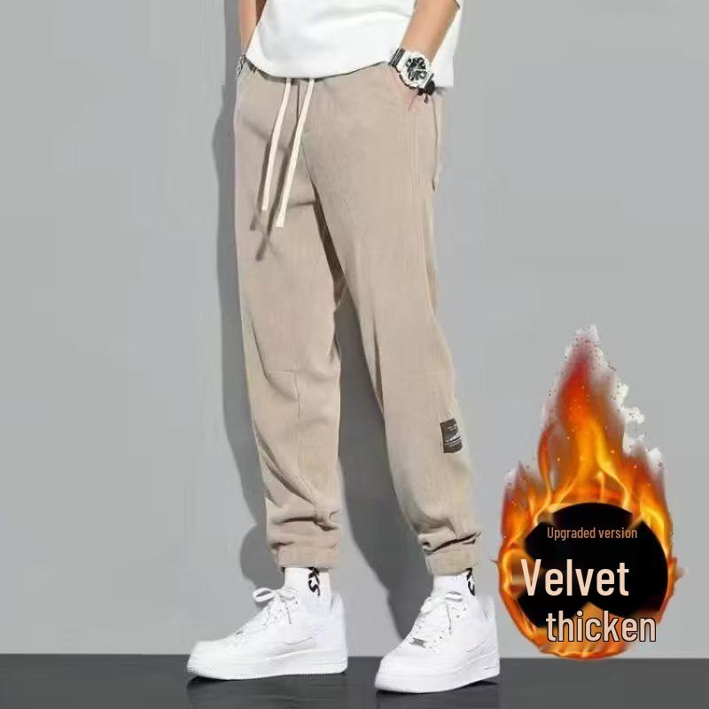 Men's Thickened Fleece-Lined Casual Pants, Drawstring Ankles, Loose Fit, Trendy Autumn/Winter 2023 Style.