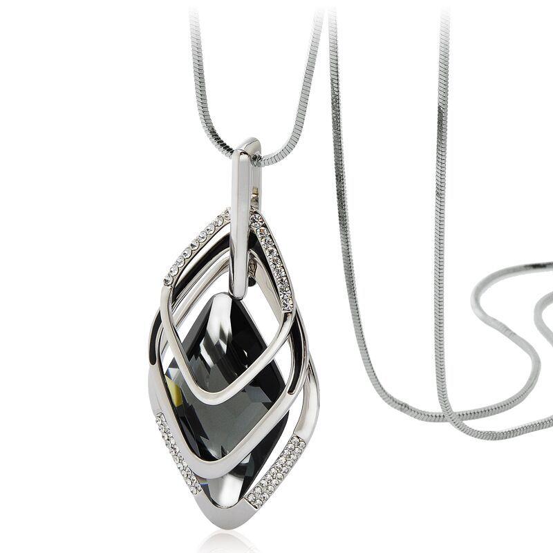 Gold&Silver Color Rhinestone Long Necklace Vintage Punk Triangle Square Oval Crystal Glass Pendant Necklaces Women Jewelry
