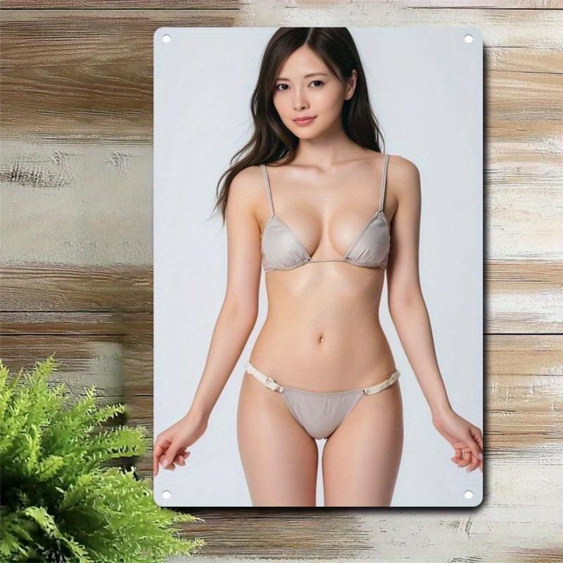 

Sexy Asian Busty Model in Light Grey Micro Triangle Bikini Set Metal Tin Sign Vintage Iron Painting Wall Art Decor for Man Cave 20x30cm（7.8x11.8inch）