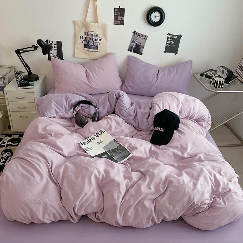 Washed Cotton Bedding Set Solid Color Brushed Bed Sheets Dorm Home