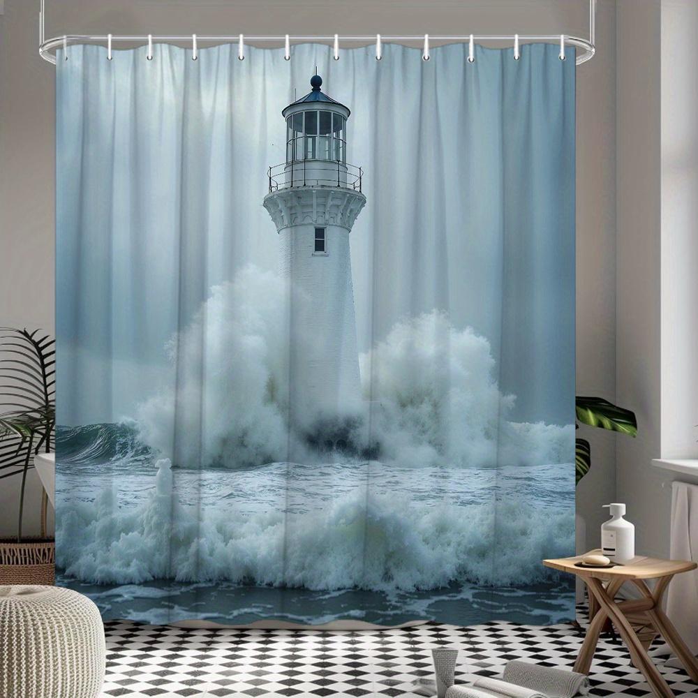 Ocean Lighthouse Shower Curtain Waterproof Moisture Proof Privacy Protection Print Storm Sea View Coastal Decor Bathroom Art