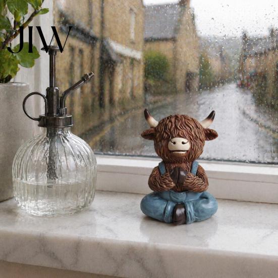 Pastoral Home Accents Yoga Highland Cow Resin Figurine, Farmhouse Style Overalls Statues, Waterproof Crafted Collectibles Garden Ornament for