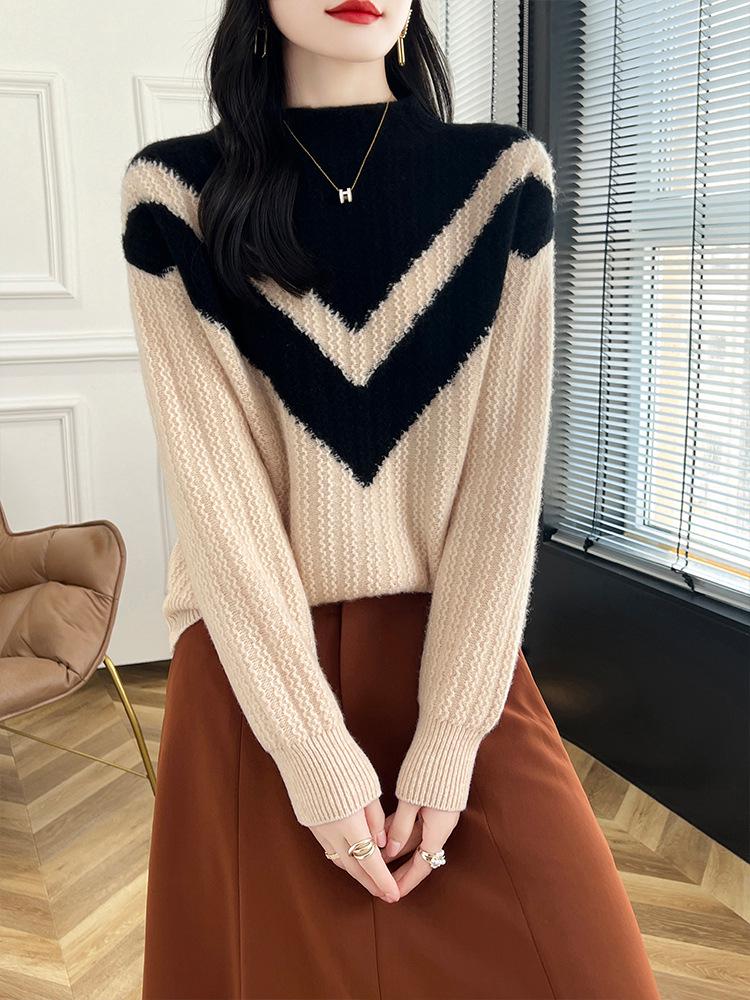 Colorblock Cashmere Turtleneck Sweater - Women's Slimming Autumn/Winter Knitted Pullover