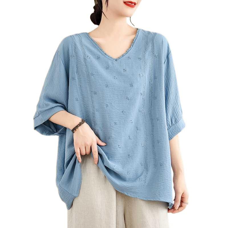 Summer Embroidered Ramie Top Loose V-neck Linen Cotton Hemp Short Sleeved Shirt Women's Versatile T-shirt