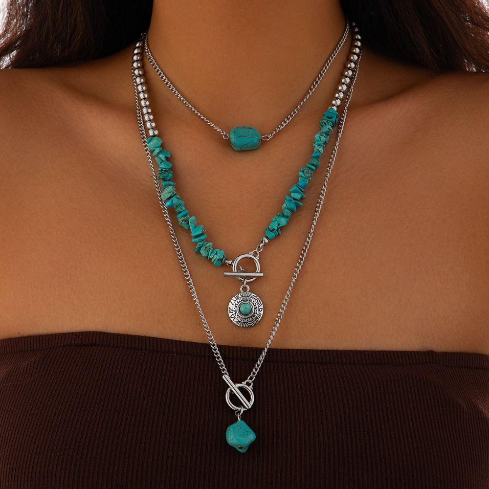1 SET Ethnic Style Multilayer Turquoise Necklace Bead Bohemian Style Clavicle Chain  Party