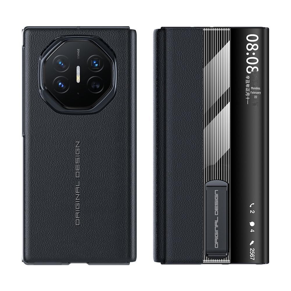 Husă din piele pentru Huawei MateXT: Pliere în trei, din piele naturală de vită Nappa, cu model perforat, cu fereastră inteligentă și suport.