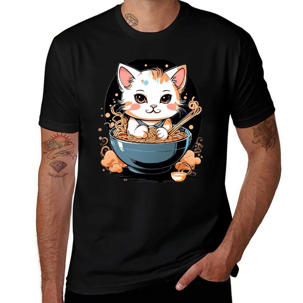 A Kawaii Cat Eating Raunisex Tshirt Work Wear Simple Tee Shirt Tshirt