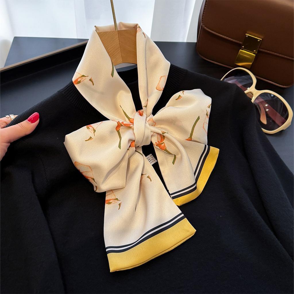 Spring Summer Choice 2025 Women's Satin Silk Neckerchiefs Bright Color Thin Narrow Double-layer Printing Long Ladies Neck Scarfs