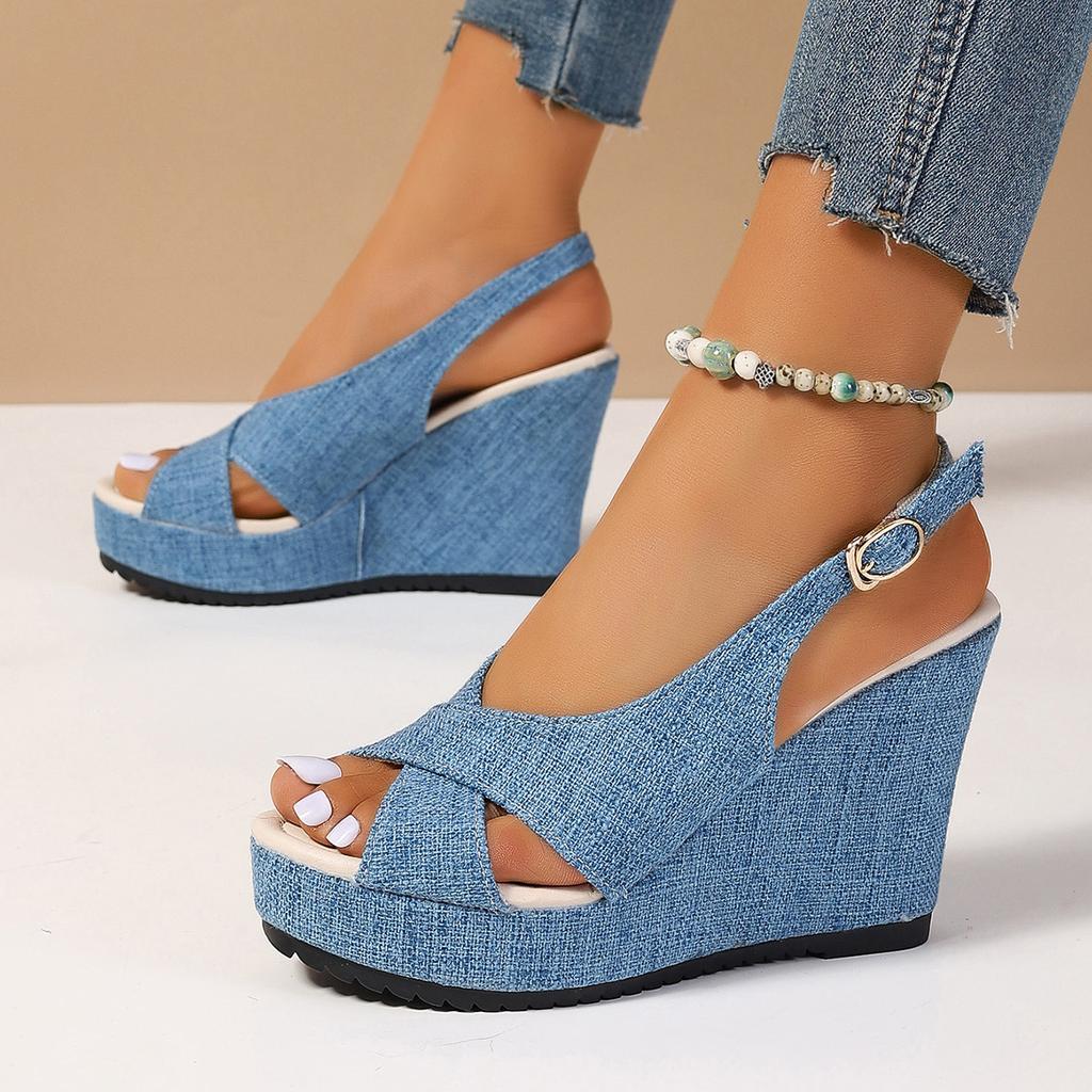 Fashion Platform Wedge Women's Sandals 2025 Summer New Peep Toe Casual High Heels Fashion Buckle Strap Plus Size Ladies Heeled Sandales