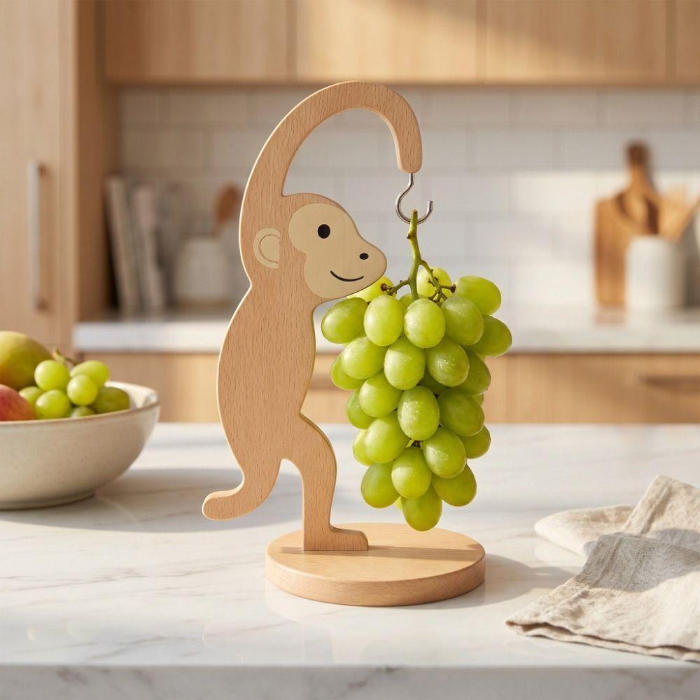 Wooden Material Wooden Banana Hanger Keep Bananas Fresh Stainless Steel Hook Monkey Shape Banana Holder Vertical Design