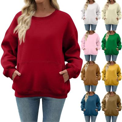 Damen Casual Fashion Langarm Einfarbig Rundhals Sweatshirt Top Mit Tasche