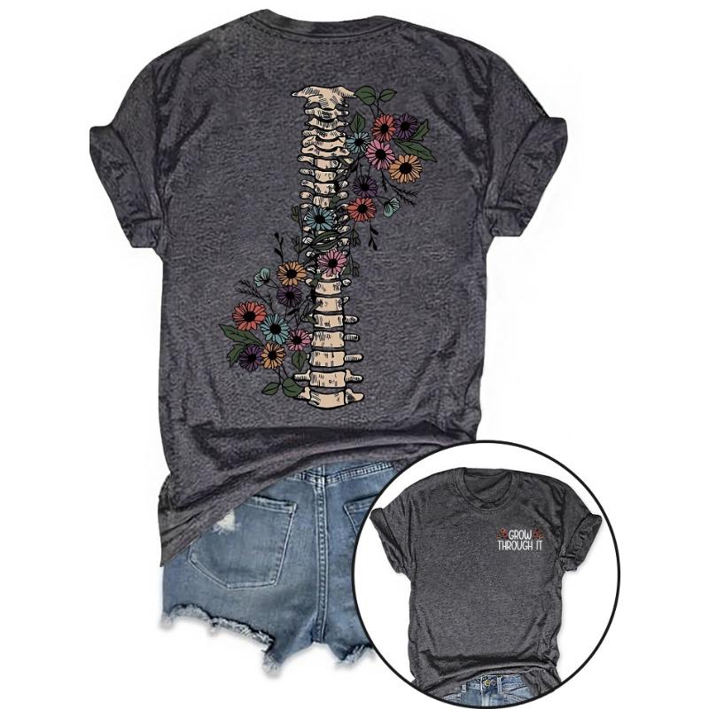 GROW Knochenblumenmuster, modisches Damen-Top T-Shirt