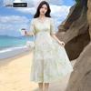 LUDIan Women's V-Neck French Holiday Sweet Long Dress