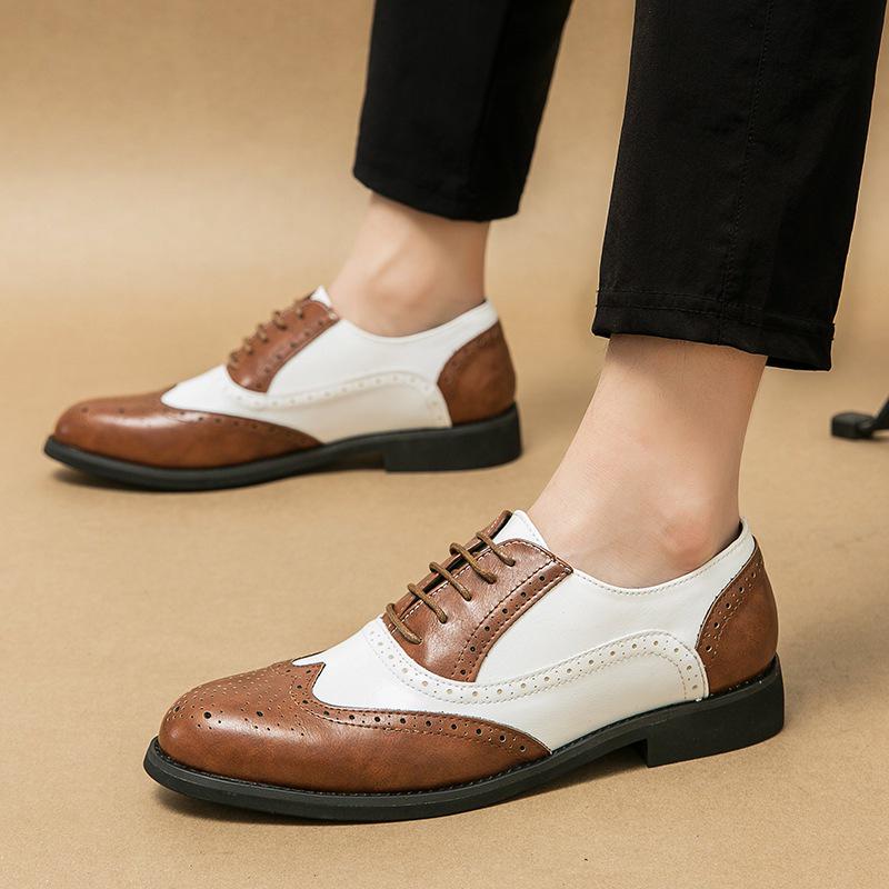 British Men's Carved Leather Brogues with Pointed Toe - Plus Size Formal & Casual Color Block Shoes