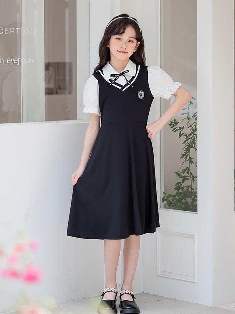 Girls' School Uniform Set with Ruffles, Summer Toddler Girls' College Style Dress Two Piece Outfit