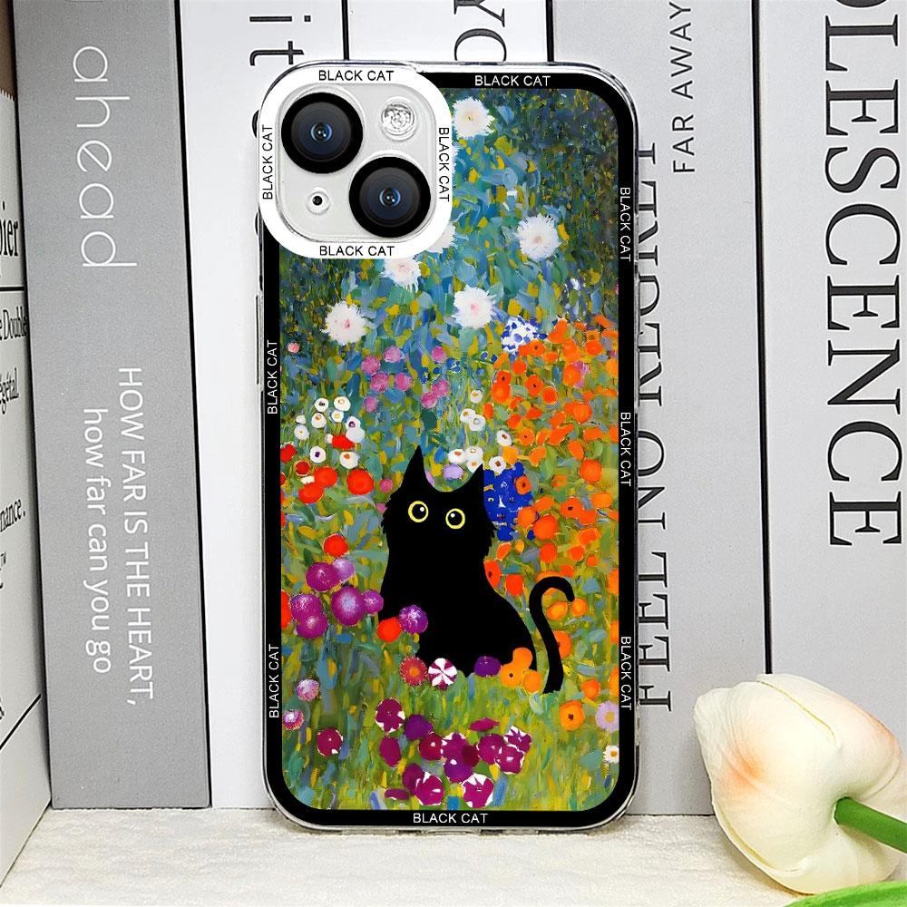 Retro Oil Painting Van-Gogh Flower Art Cat Phone Case for IPhone 16 15 11 13 12 Mini 14 Pro Max 7 8Plus SE X XS Soft Cover Shell