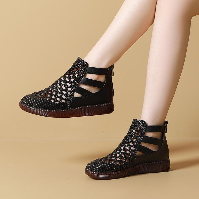 Fashion GKTINOO Large Size 2025 Genuine Leather Summer Sandals Breathable Hollow Boots Flat Soft Non-slip Comfortable Sandalias De Mujer