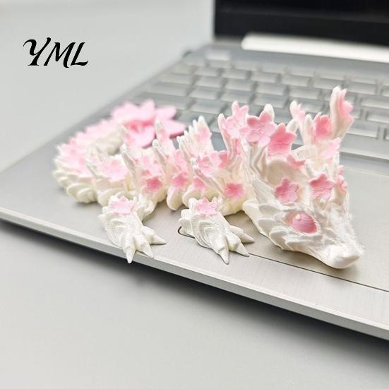 3D Printed Dragon Sculpture Cherry Blossom Toy, Articulated Flower Figurine, Stress Relief Fidget Toy Movable Joints Mythical Creature Model for Desk