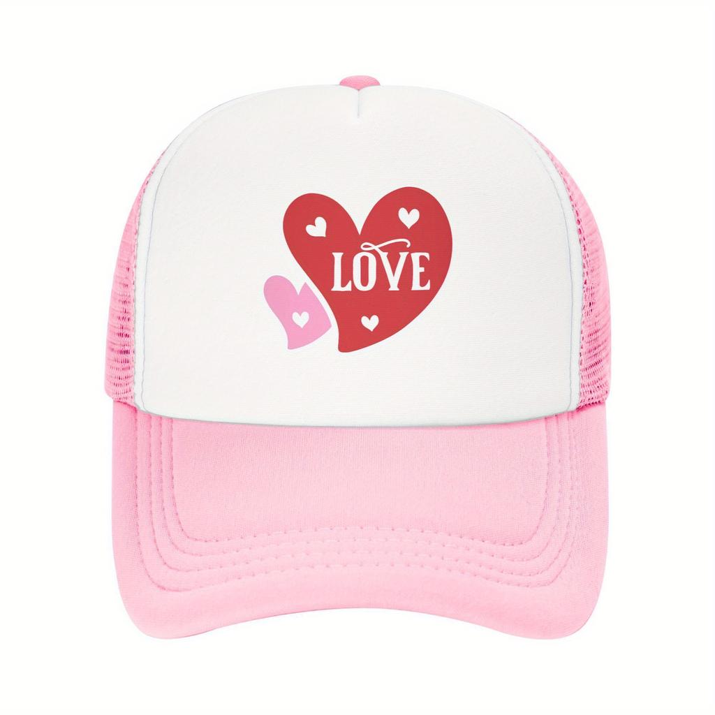 Love Heart Graphic Mesh Trucker Hat Polyester Casual Adjustable Snapback Baseball Cap for Men Women