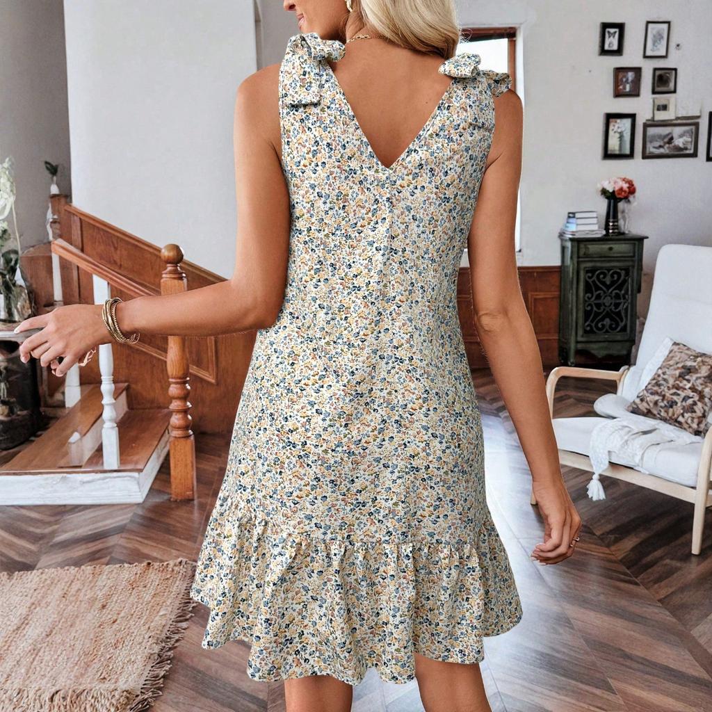 Damenmode V-Ausschnitt Schleife Blumen Westenkleid