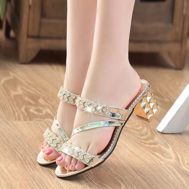 Summer Women Shoes High Heels Sandals Peep toe Ladies Shoes Brand Modern Black Silver Gold Square Heels 7cm Big Size 41
