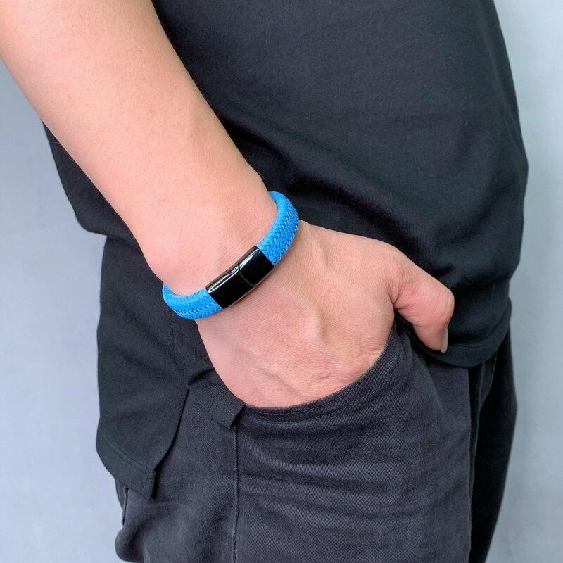 New Punk Leather Men Blue Braid Rope Chain Stainless Steel Magnetic Clasp Bangles Fashion Wristband Gift BB0003