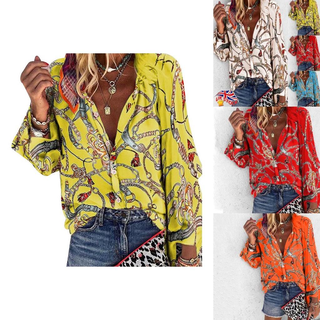 Stylish Ladies Casual Chain Print Long Sleeve Blouse For Office Wear