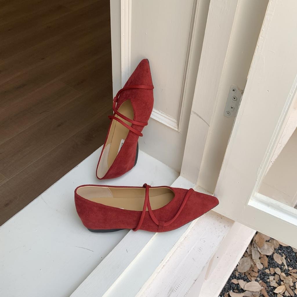 2025 neue spitze Wildleder Ein-Wort mit flachem Ausschnitt, Innensohle mit Absatzschräge, fußbedeckend, vielseitig, OL Damen-Einzelschuhe