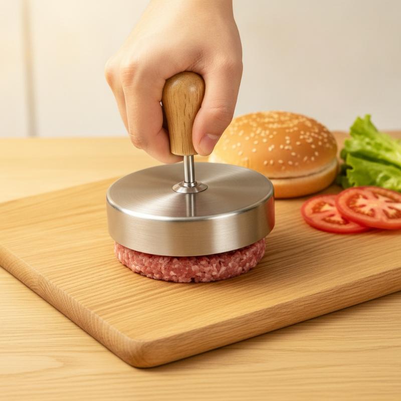 Stainless Steel Hamburger Patty Press Anti Slip Wooden Handle Nonstick Surface For Home Kitchen Bbq Homemade Burgers