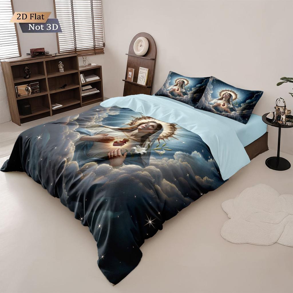 3pcs Holy Virgin Mary Printed Coreless Bedding Set Soft and Comfortable Dormitory Bedroom Multiple Sizes Machine Washable
